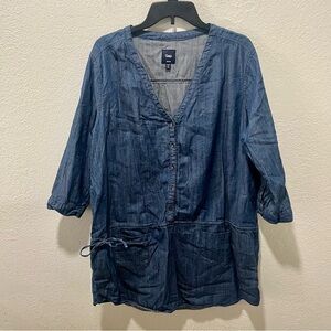 GAP Blue Denim Tunic Pullover Top with Drawstring and Pockets
